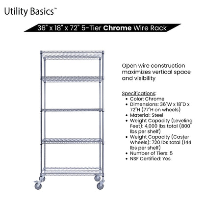 5-Tier Chrome Wire Shelving 36"W x 18"D x 72"H | NSF Certified