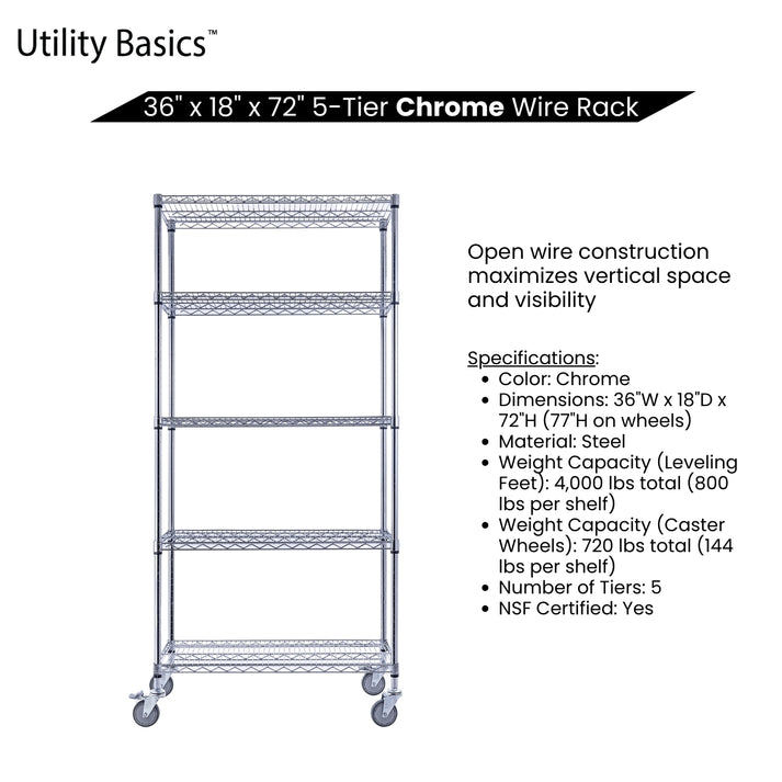 36"W x 18"D x 72"H Wire Shelving | NSF Certified | 5-Tier | Chrome