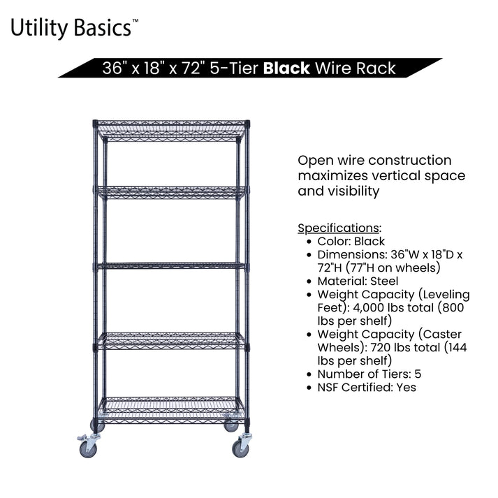Heavy Duty Adjustable Shelving 36"W x 18"D x 72"H | NSF Certified | Black | 5-Tier