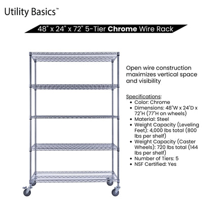5-Tier Chrome Wire Shelving 48"W x 24"D x 72"H | NSF Certified
