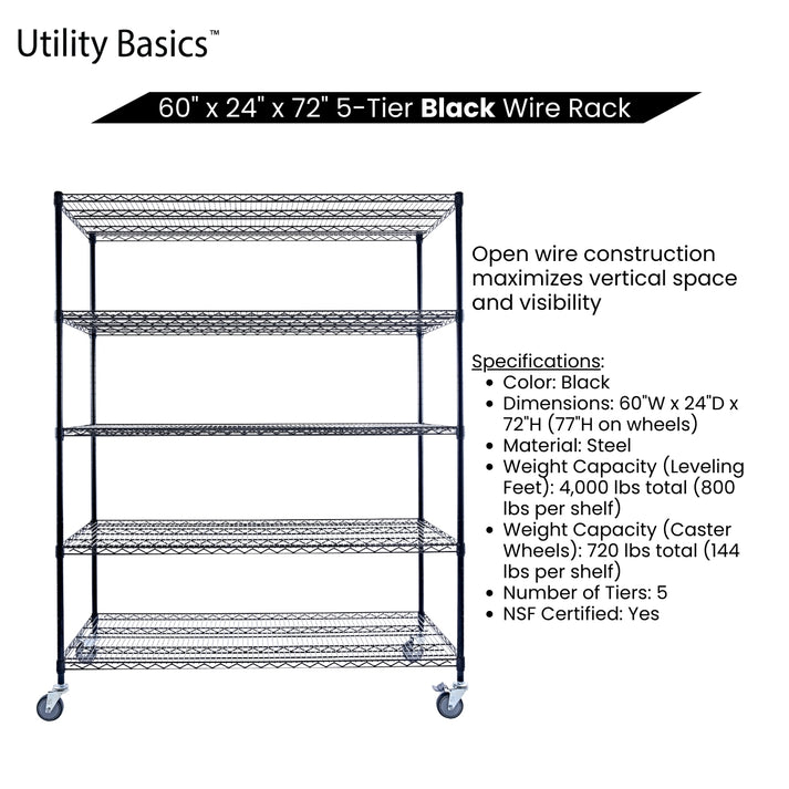 Black Metal Shelving Unit 60"W x 24"D x 72"H | NSF Certified | 5-Tier