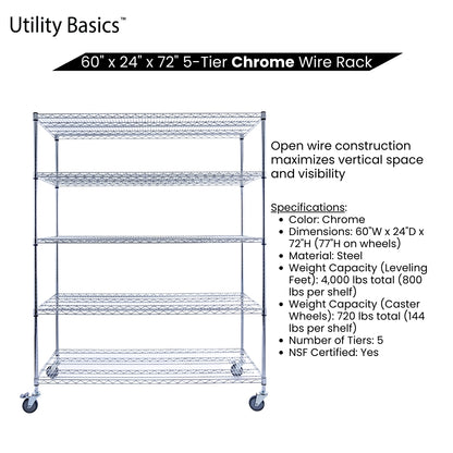 5-Tier Chrome Wire Shelving 60"W x 24"D x 72"H | NSF Certified