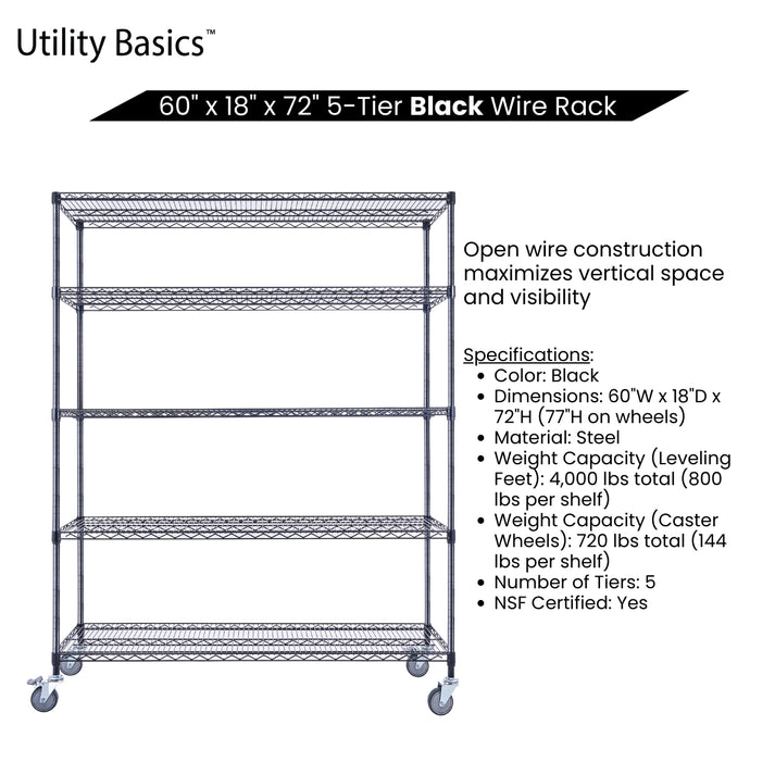 Garage Storage Racks 60"W x 18"D x 72"H | NSF Certified | 5-Tier | Black