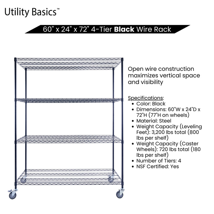 NSF Shelving 60"W × 24"D × 72"H | Black | 4-Tier | Adjustable Shelves