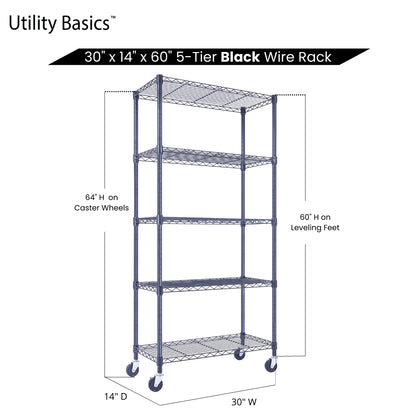 5-Tier Black Wire Shelving 30"W x 14"D x 60"H | NSF Certified