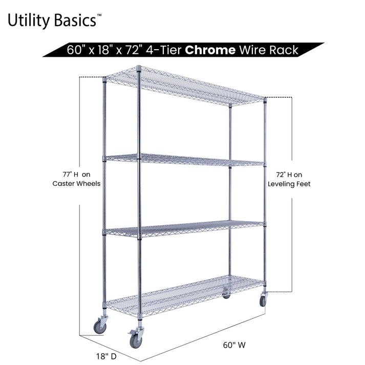 60"W x 18"D x 72"H Shelving on Wheels | NSF Certified | Chrome | 4-Tier