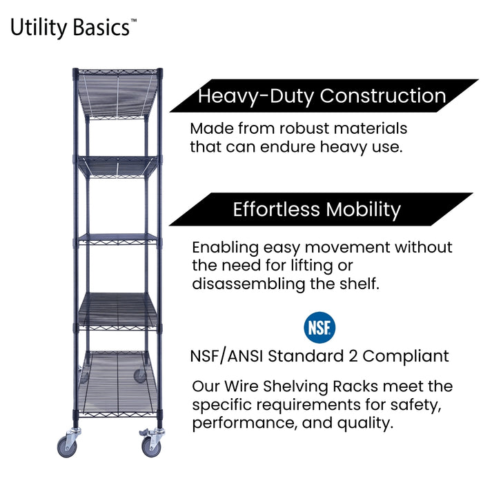 48"W x 18"D x 72"H Shelving with Wheels | Black | NSF Certified | 5-Tier