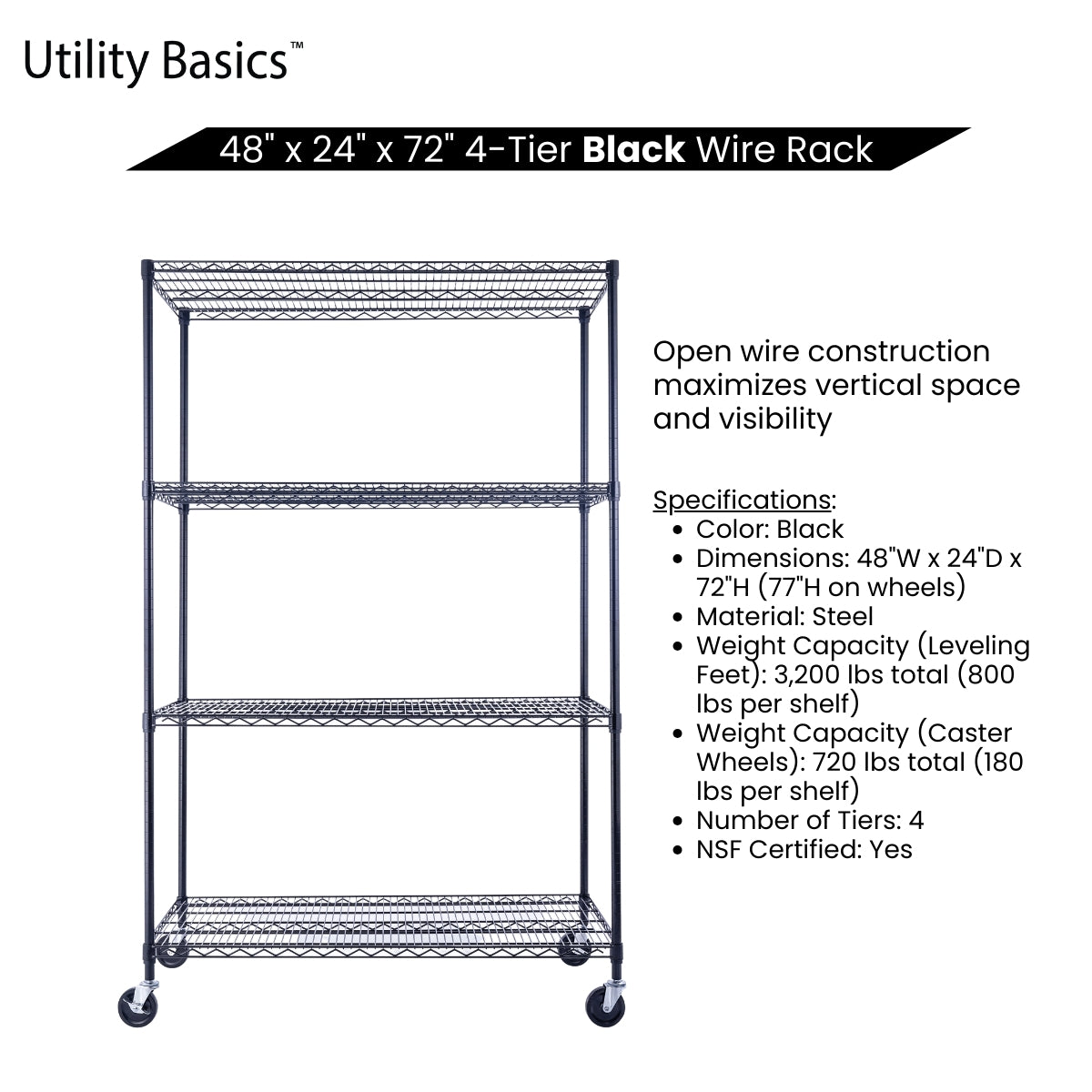 Utility Basics | 48 x 24 x 72  Wire Shelving with wheels | 5-Tier | Saferacks | Seville Classics | Utility shelves | Shelf shelving unit | Shelves Shelf | Shelving Shelf