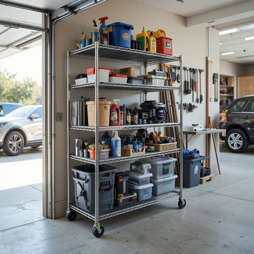 Utility rack in a garage for storage