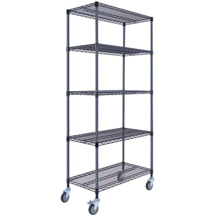Utility Basics | Black Wire shelving | 5-Tier | 36 x 18 x 72 shelving | Utility shelves | Utility shelving | Utility shelves | Seville Classics | Saferacks | Wire Shelving with Wheels