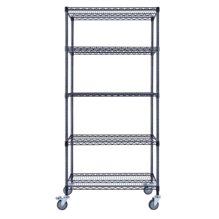 Utility Basics | Black Wire shelving | 5-Tier | 36 x 18 x 72 shelving | Utility shelves | Utility shelving | Utility shelves | Seville Classics | Saferacks | Wire Shelving with Wheels